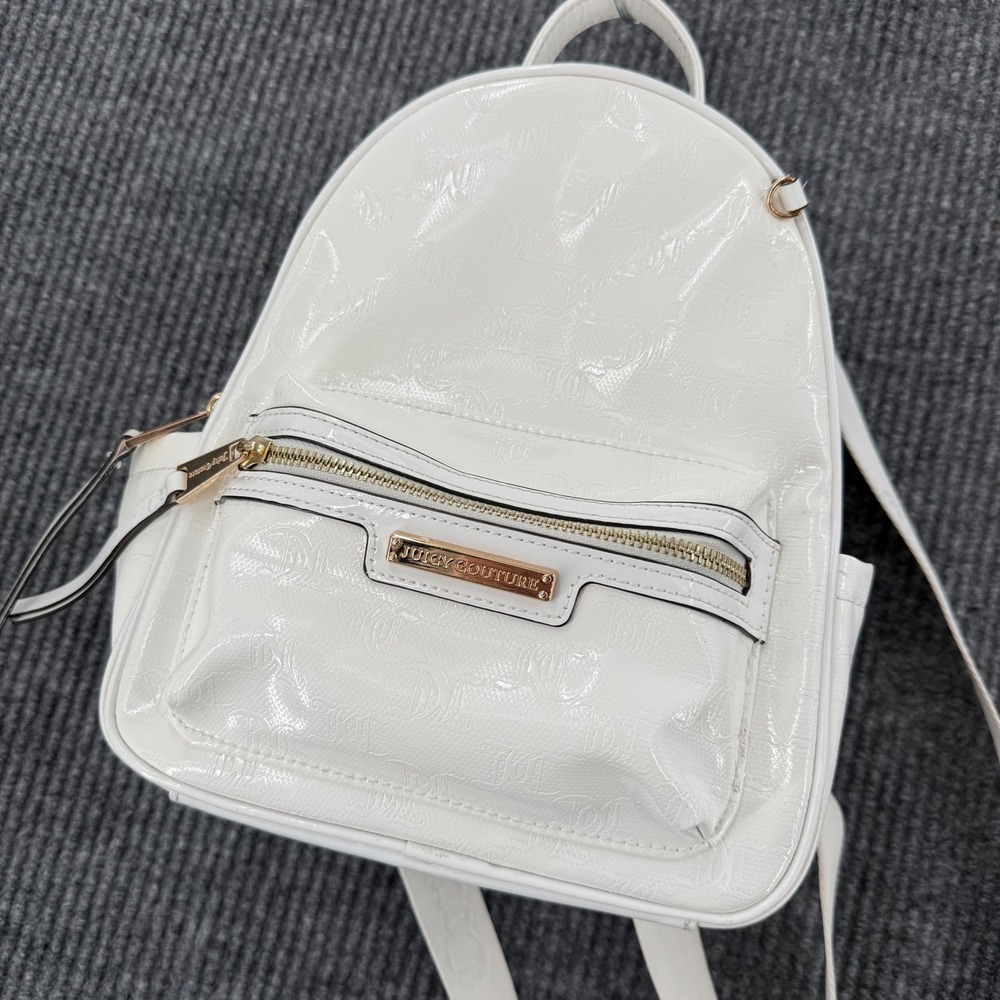 Juicy Couture Womens White Patent Logo Embossed Mini Backpack Gold Hardware
